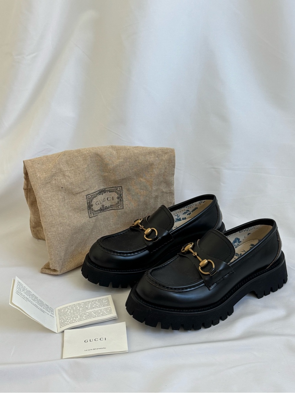 Gucci Black Leather Horsebit Lug Sole Loafers — Gold Hardware